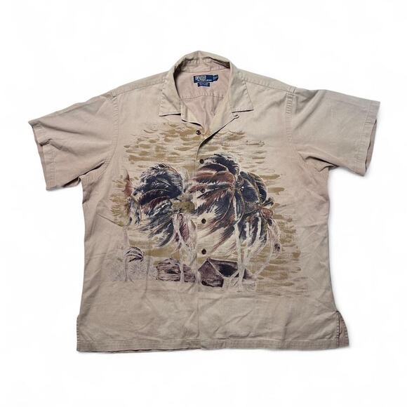 Polo Ralph Lauren 90s Vintage Camp Khaki Twill Cotton Hawaiian Button Shirt XXL